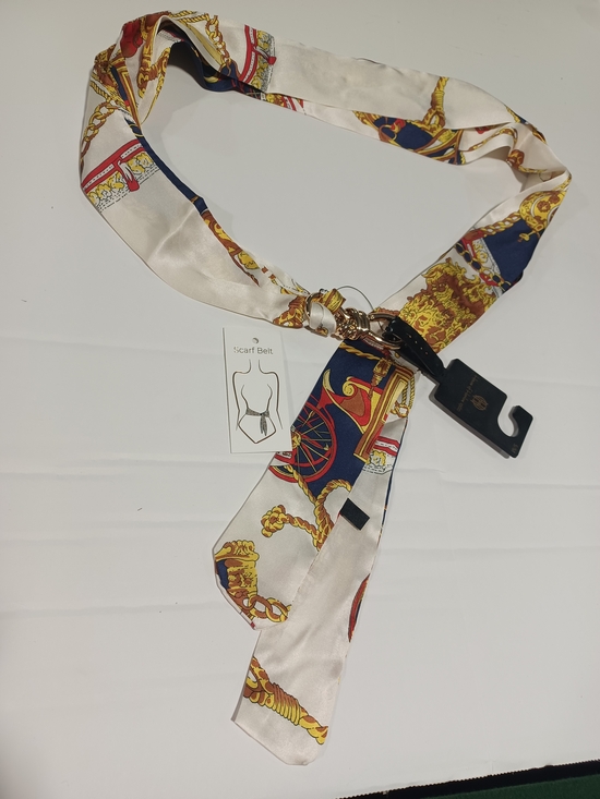House of Harlow 1960 Accessories - Silk-Feel Scarf Belt in Navy & Cream with Gold Chain Print M/S